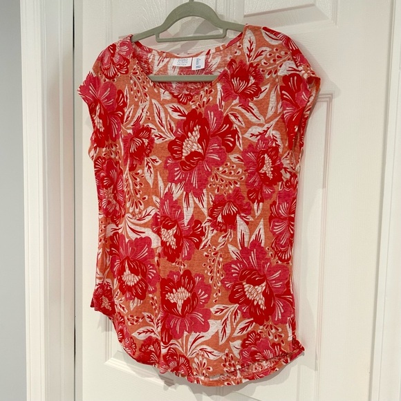 Sigrid Olson 100% Linen Floral Pink Orange Short Sleeve Round Neck Blouse Sz L - Picture 5 of 12